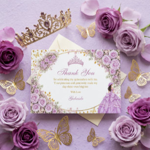 Tarjeta De Agradecimiento Lilas Rosas Moradas Mariposa Dorada Quinceañera