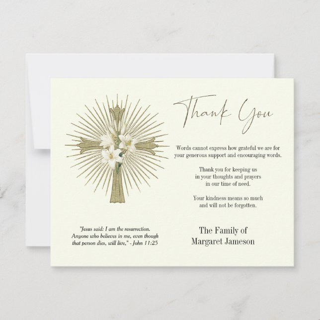 Tarjeta De Agradecimiento Lilios de Cruz Cristiana Funeral Condolencias Simp (Anverso)
