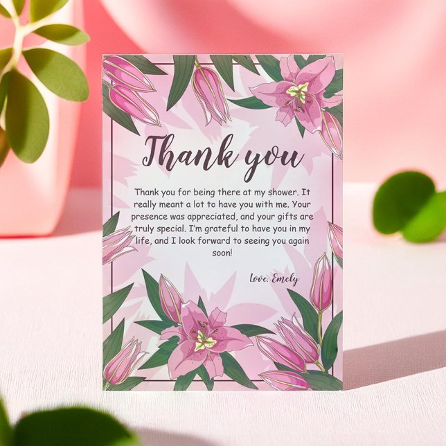 Tarjeta De Agradecimiento Lilis rosadas florecientes Baby Shower/ Cumpleaños (Pink Blooming Lilies Baby Shower/ Birthday Thank You Card)