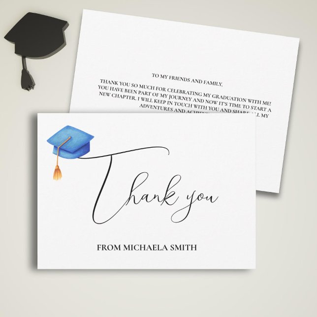 Tarjeta De Agradecimiento Límite de graduación azul de guión moderno simple (Subido por el creador)