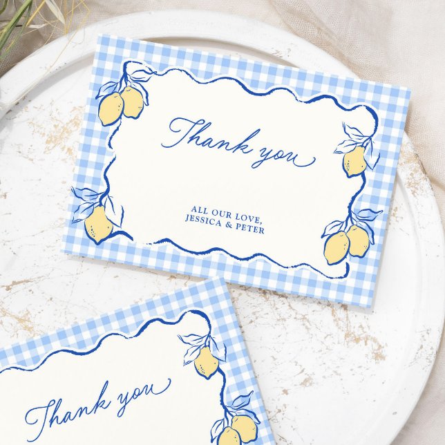 Tarjeta De Agradecimiento Limón Amalfi Gingham Azul (Subido por el creador)
