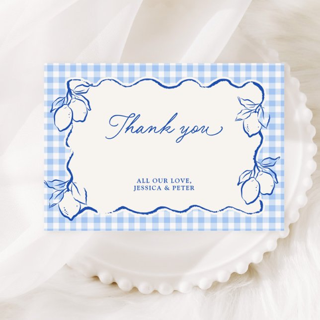 Tarjeta De Agradecimiento Limón Amalfi Gingham Azul (Subido por el creador)