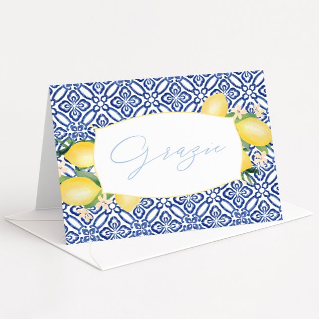 Tarjeta De Agradecimiento Limones de Acuarela Grazie Baldosas Italianas Azul (Grazie watercolor lemons blue tiles Italian theme bridal shower thank you card)