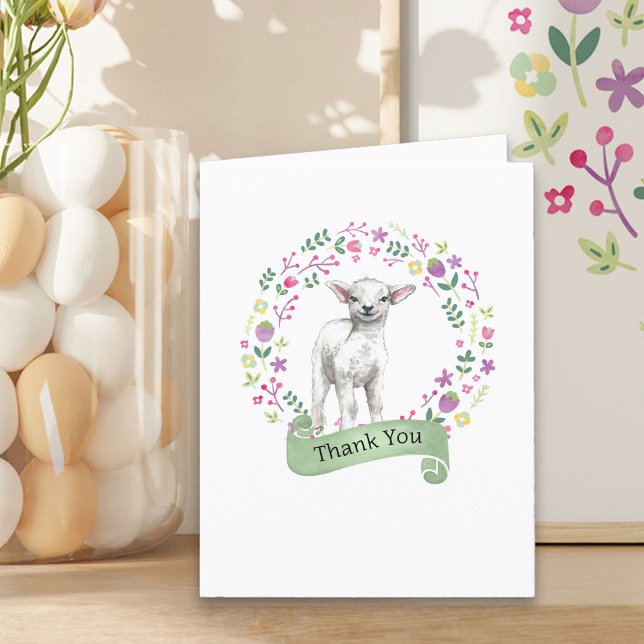 Tarjeta de agradecimiento linda con cordero en cor (Spring Lamb Thank You Card from my Little Bunny & Little Lamb Baby Shower collection)