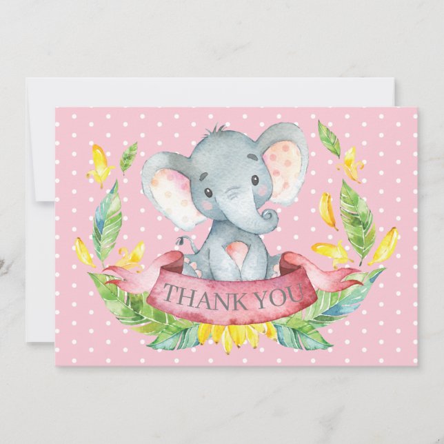 Tarjeta De Agradecimiento Linda elefante bebé niña rosa y gris (Anverso)