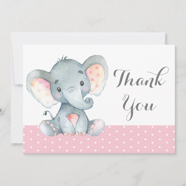 Tarjeta De Agradecimiento Linda elefante bebé niña rosa y gris (Anverso)