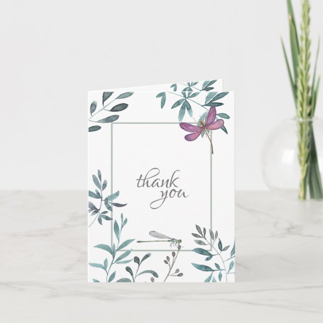 Tarjeta De Agradecimiento Linda libélula acuarela Jardín Verde, Blanco (Anverso)