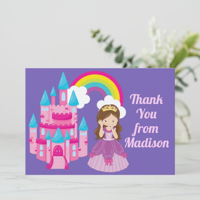Tarjeta De Agradecimiento Linda Princesa Púrpura Castillo Cumpleaños Niña (Anverso de pie)