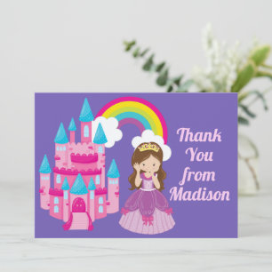 Tarjeta De Agradecimiento Linda Princesa Púrpura Castillo Cumpleaños Niña
