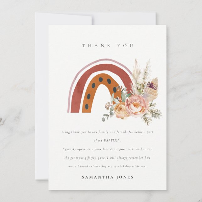 Tarjeta De Agradecimiento Lindo Naranja Óxido Boho Floral Arcoíris Bautizo (Anverso)