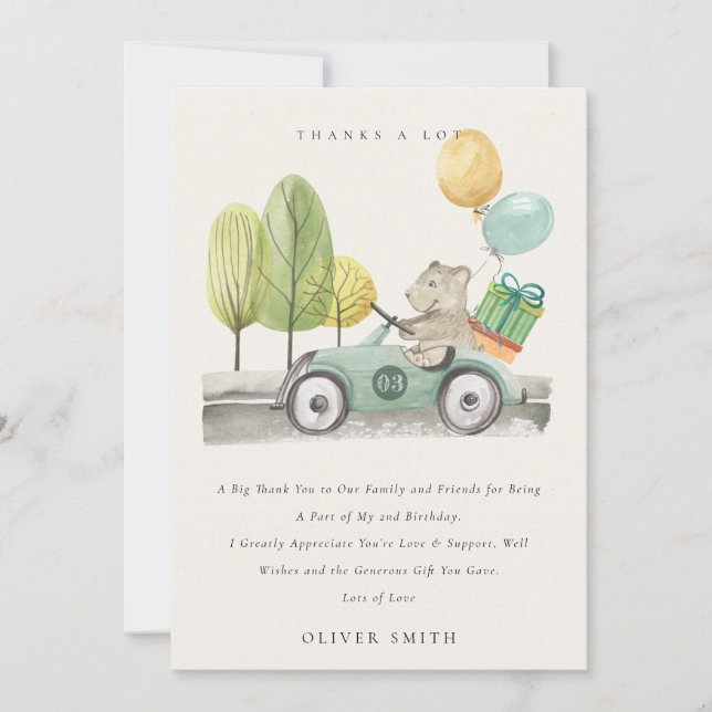 Tarjeta De Agradecimiento Lindo osito verde acuático para cumpleaños de cual (Anverso)