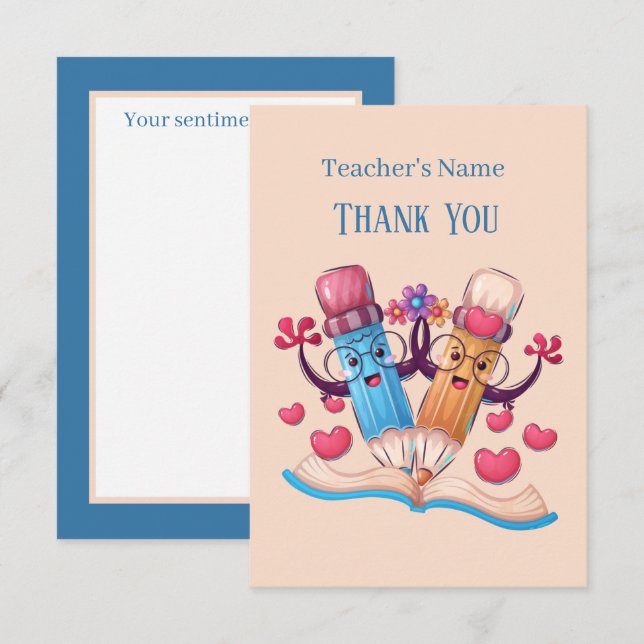 Tarjeta De Agradecimiento lindos lápices escolares añaden sentimiento de nom (Anverso / Reverso)