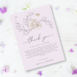 Tarjeta De Agradecimiento Línea floral minimal elegante lila dorado boda
