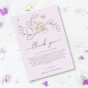 Tarjeta De Agradecimiento Línea floral minimal elegante lila dorado boda
