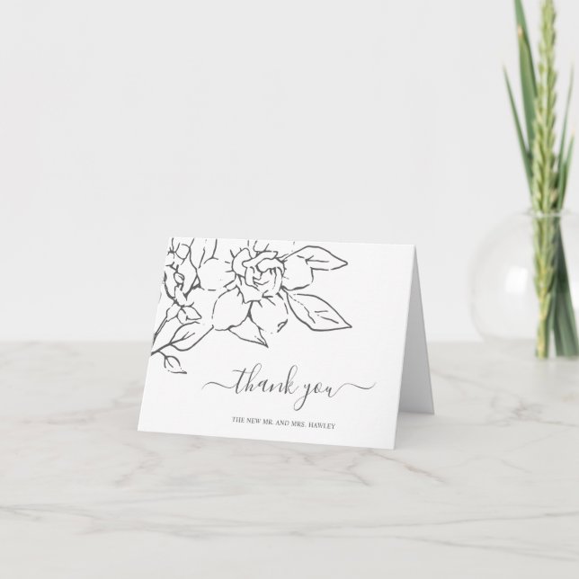 Tarjeta De Agradecimiento Línea Neutral Arte Boda Floral Elegante (Anverso)