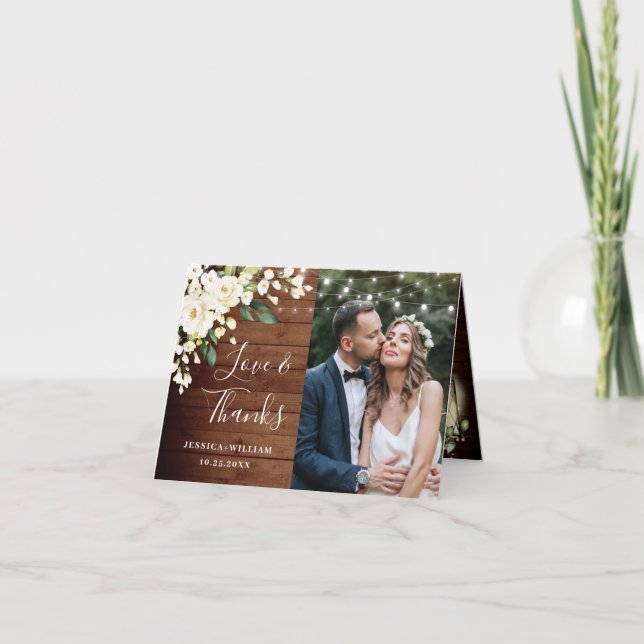 Tarjeta De Agradecimiento Linterna floral de rosas blancas y maderas. (Anverso)
