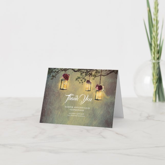 Tarjeta De Agradecimiento Linternas rusticas y Boda de rama de árbol gracias (Anverso)