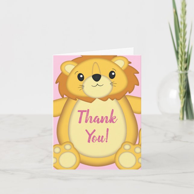 Tarjeta De Agradecimiento Lion Baby Shower Pink (Anverso)