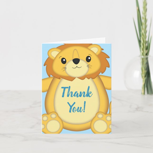 Tarjeta De Agradecimiento Lion Baby Shower Zoo Circus Blue Boy (Anverso)