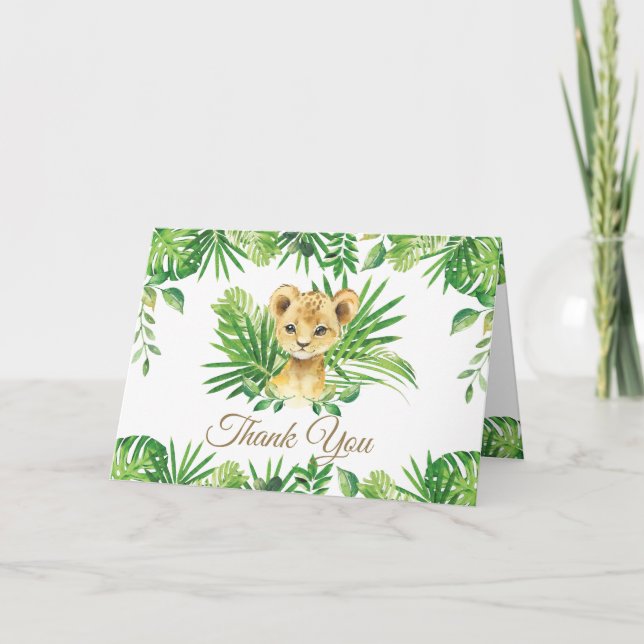 Tarjeta De Agradecimiento Lion Cub Tropical Greenery Jungle Baby Shower  (Anverso)