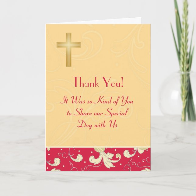 Tarjeta De Agradecimiento Lipstick Red, Gold, Cross, Damask, Gracias Card (Anverso)