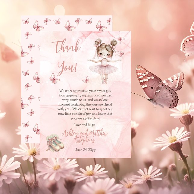 Tarjeta De Agradecimiento Little Ballerina Pink Chica Baby Shower ("A Sweet Little Ballerina Is On The Way & We're TUTU Excited!" Pink Girl Baby Shower Thank You Card)