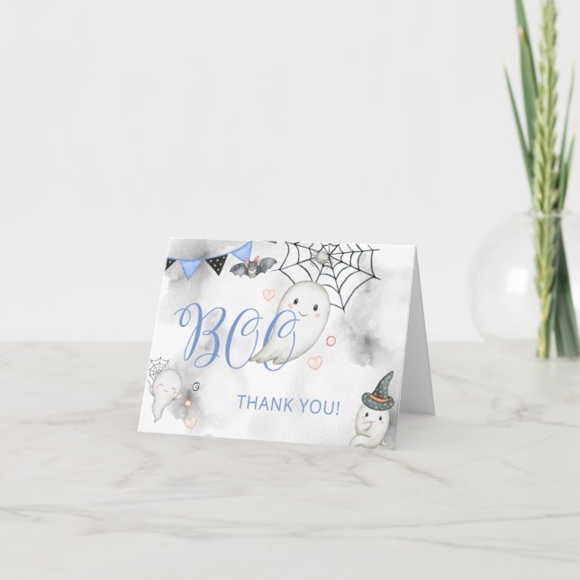 Tarjeta De Agradecimiento Little Boo Blue Halloween Ghost Baby Shower (Anverso)