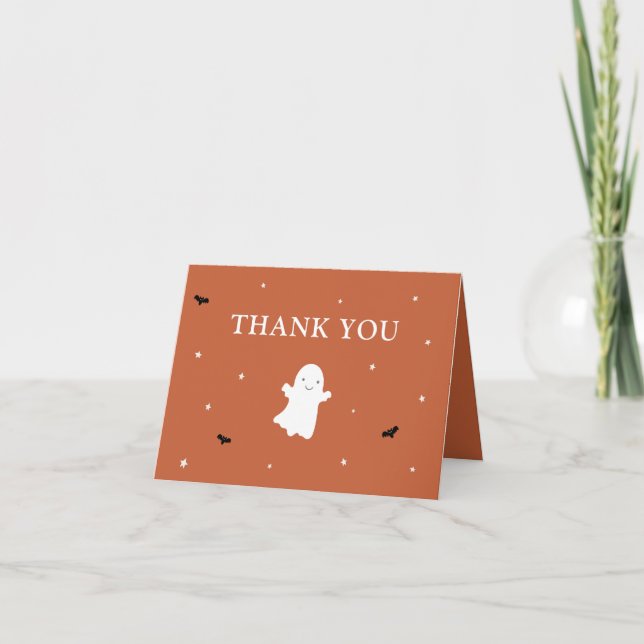 Tarjeta De Agradecimiento Little Boo Ghost Naranja Baby Shower Gracias (Anverso)