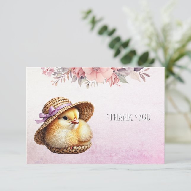 Tarjeta de agradecimiento Little Chick Pink Ribbon (Anverso de pie)