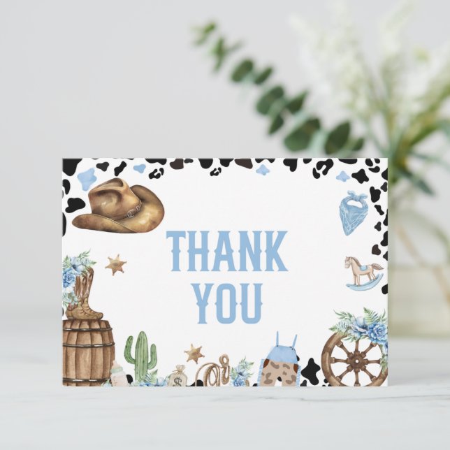 Tarjeta De Agradecimiento Little Cowboy Western Blue Baby Shower  (Anverso de pie)
