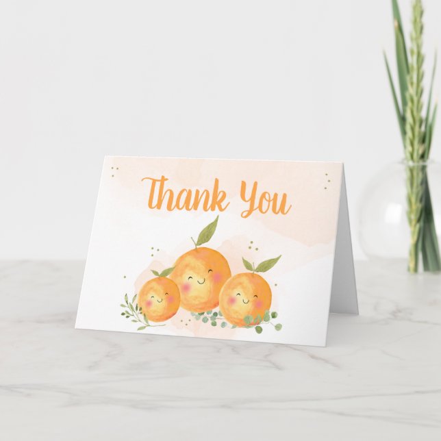 Tarjeta De Agradecimiento Little Cutie Citrus Orange Baby Shower (Anverso)