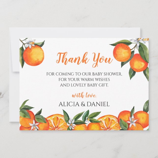 Tarjeta De Agradecimiento Little Cutie Clementine Naranja Baby Shower (Anverso)