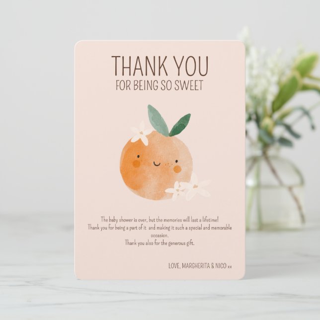 Tarjeta De Agradecimiento Little Cutie Naranja Citrus Botanus Baby Shower (Anverso de pie)
