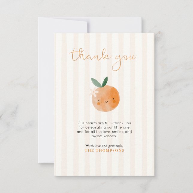 Tarjeta De Agradecimiento Little Cutie Orange Citrus Baby Shower (Anverso)