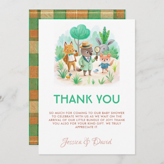 Tarjeta De Agradecimiento Little Explorer Forest Detective Boy Baby Shower (Anverso / Reverso)