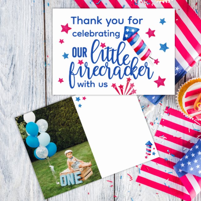 Tarjeta De Agradecimiento Little Firecracker 4 of July 1 Birthday Photo (Subido por el creador)