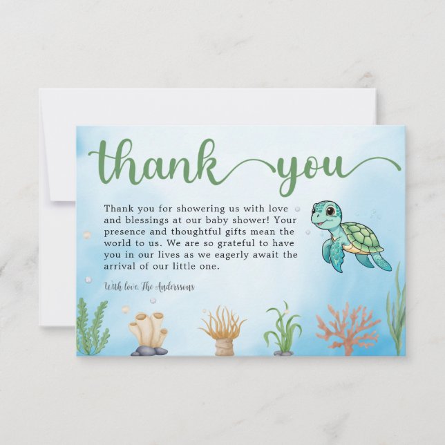 Tarjeta De Agradecimiento Little Hatchling Sea Turtle Baby Shower Gracias (Anverso)