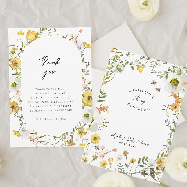 Tarjeta De Agradecimiento Little Honey Bee Yellow Wildflowers Baby Shower (Subido por el creador)