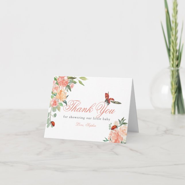 Tarjeta De Agradecimiento Little Lady Ladybug Roses Baby Shower (Anverso)