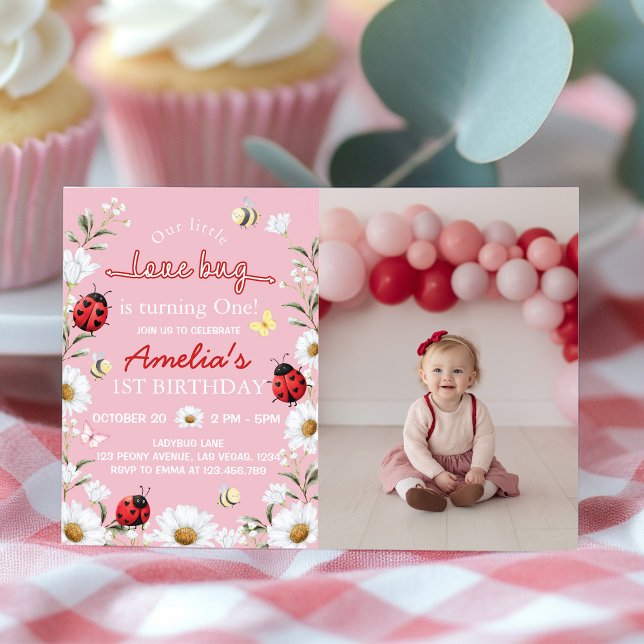 Tarjeta De Agradecimiento Little Love Bug Daisy Floral Birthday Photo Invite (Subido por el creador)