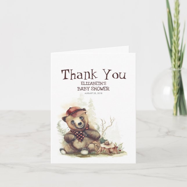 Tarjeta De Agradecimiento Little Lumberjack Bear Baby Shower Gracias (Anverso)