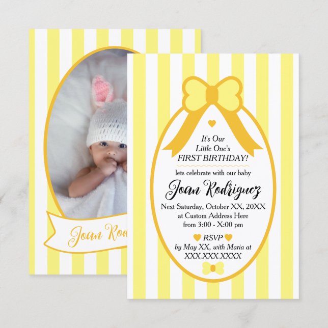 Tarjeta De Agradecimiento Little One Bow 1st Birthday Photo Invitations (Anverso / Reverso)