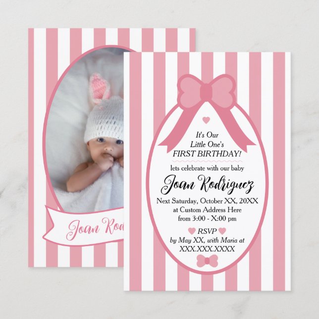 Tarjeta De Agradecimiento Little One Bow 1st Birthday Photo Invitations (Anverso / Reverso)