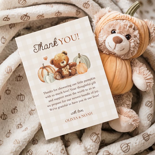 Tarjeta De Agradecimiento Little Pumpkin Gingham Teddy Bear Cae Baby Shower (Subido por el creador)