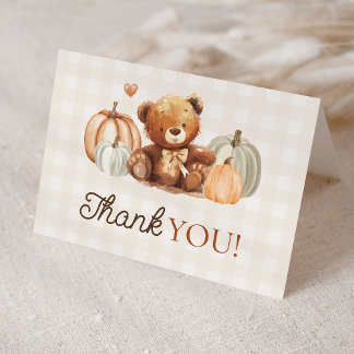 Tarjeta De Agradecimiento Little Pumpkin Gingham Teddy Bear Cae Baby Shower