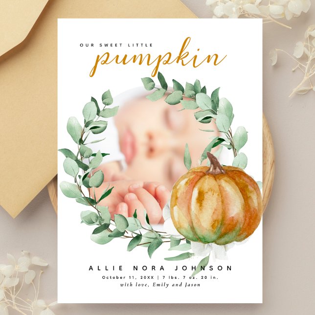Tarjeta De Agradecimiento Little Pumpkin Photo Fall Greenery Baby Shower  (Subido por el creador)