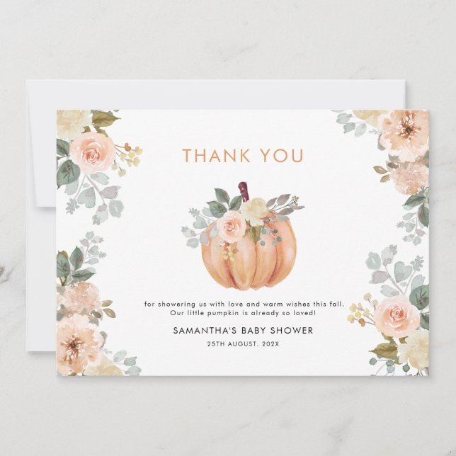Tarjeta De Agradecimiento Little Pumpkin Pink Floral Fall Baby Shower  (Anverso)
