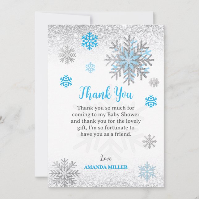 Tarjeta De Agradecimiento Little Snowflake Blue Silver Glittery Baby Shower  (Anverso)