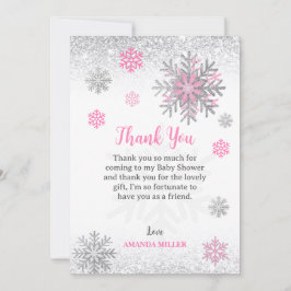 Tarjeta De Agradecimiento Little Snowflake Pink Silver Glittery Baby Shower