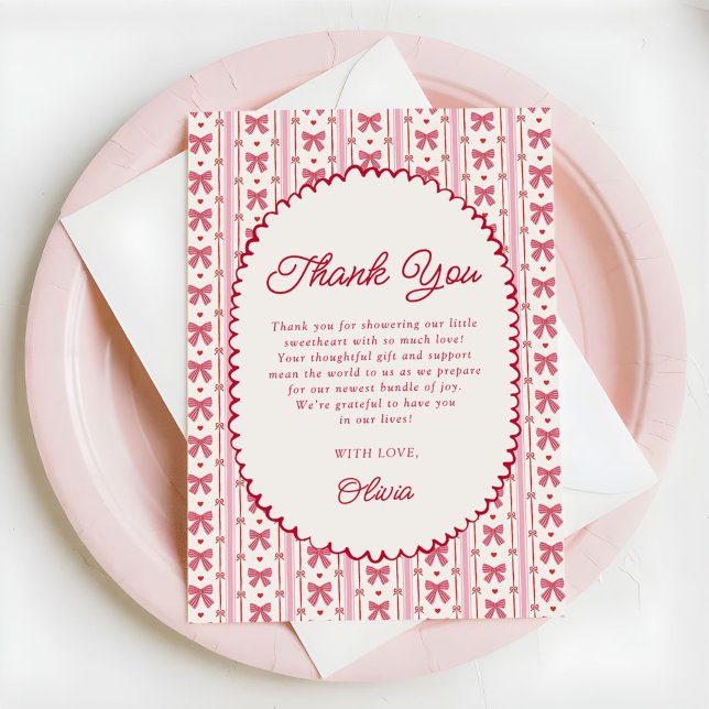 Tarjeta De Agradecimiento Little Sweetheart Pink Red Bow Baby Shower (Subido por el creador)